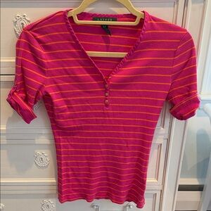 Lauren Ralph Lauren Hot Pink with Orange Stripe Henley Tee
